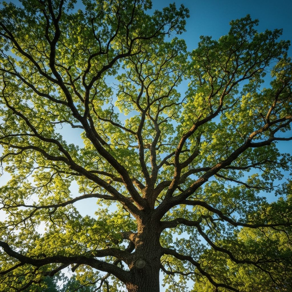 Majestic oak tree with lush green canopy